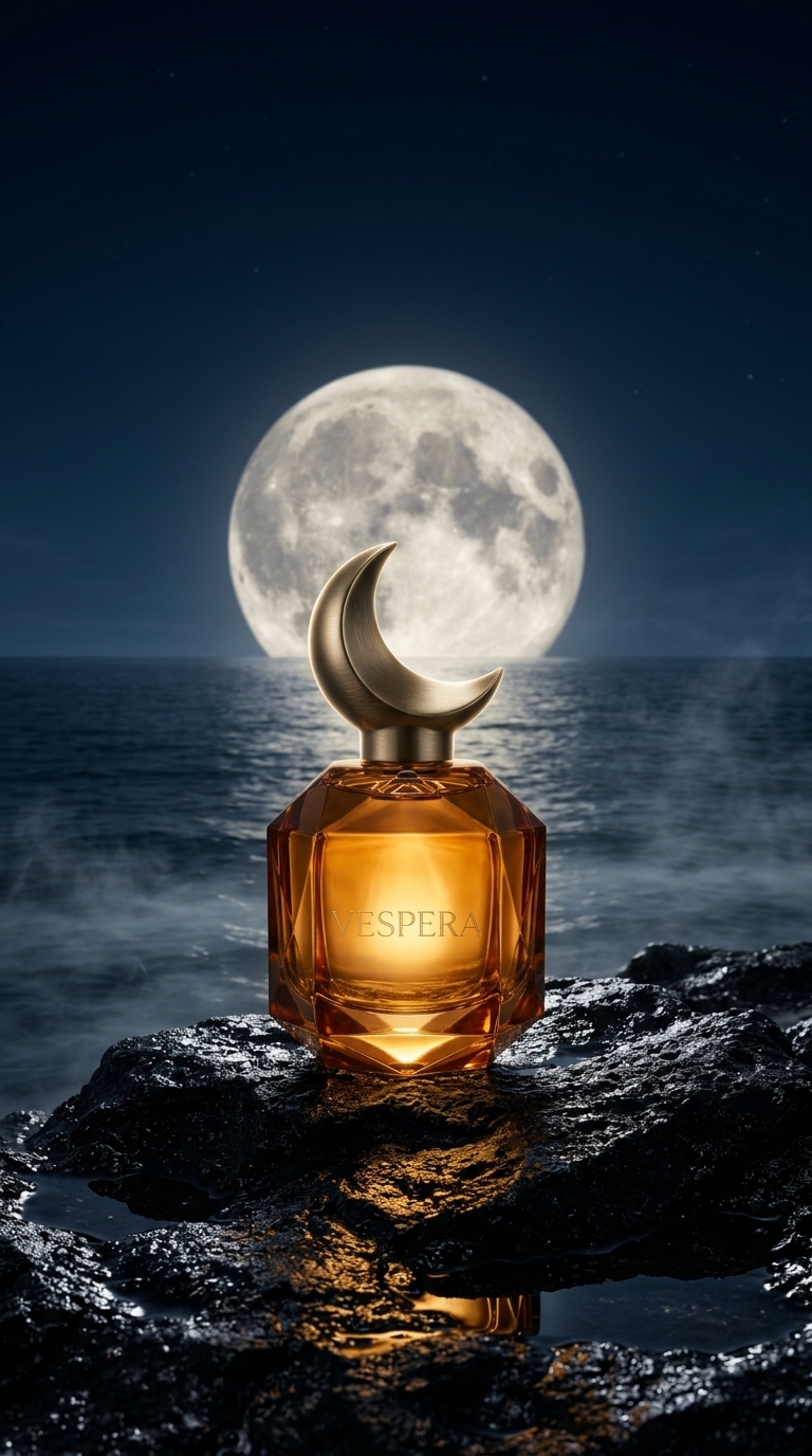 VESPERA bottle on a black rock under a full moon