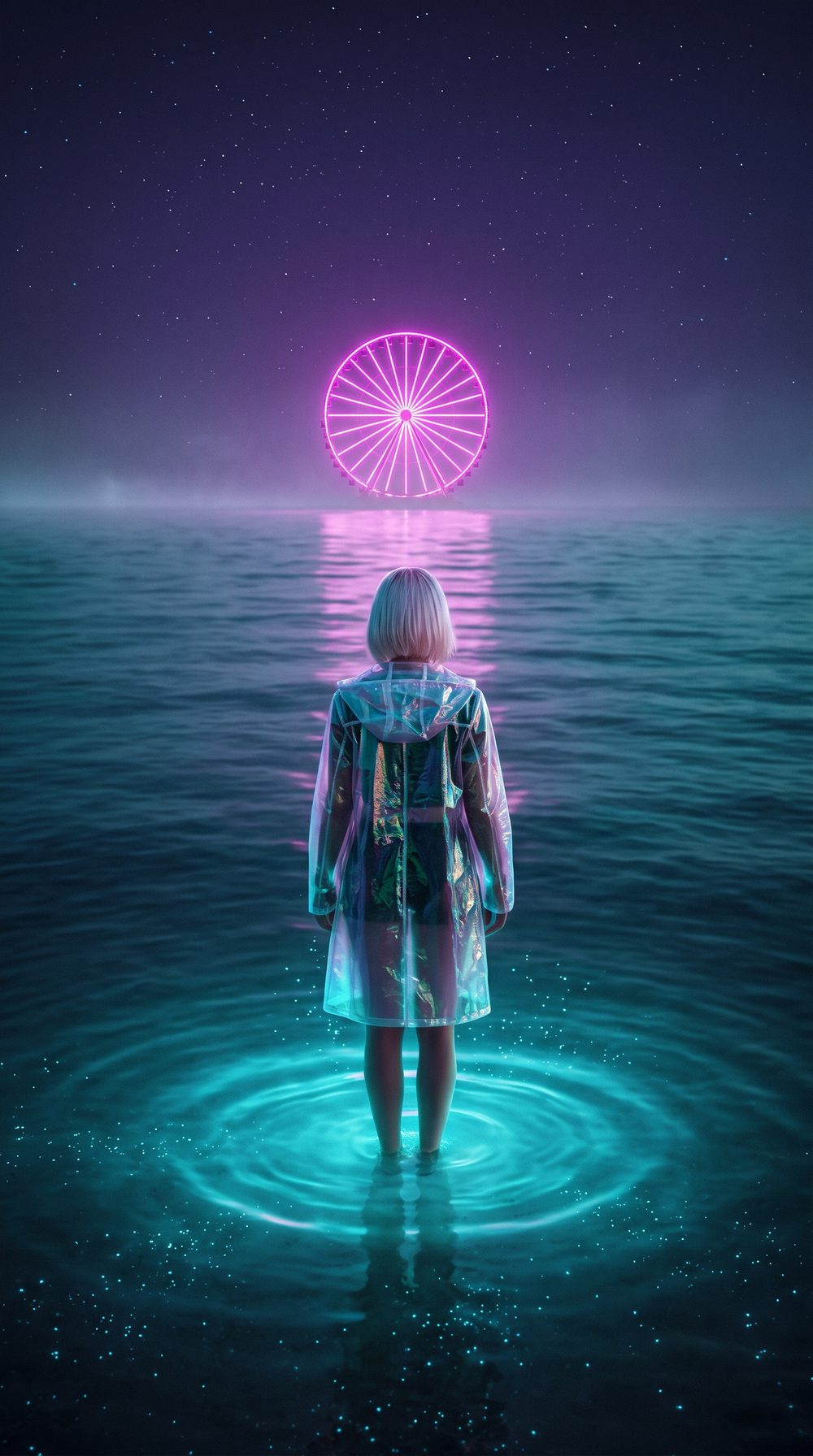 Vertical still of the artist from behind, ankle-deep in glowing sea under a neon ferris wheel
