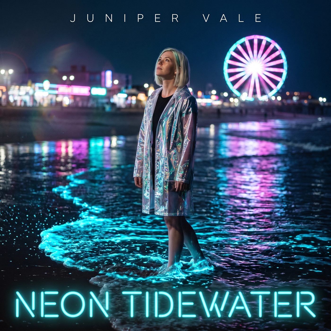 Album cover: the artist ankle-deep in glowing aqua surf at night, title in neon lettering