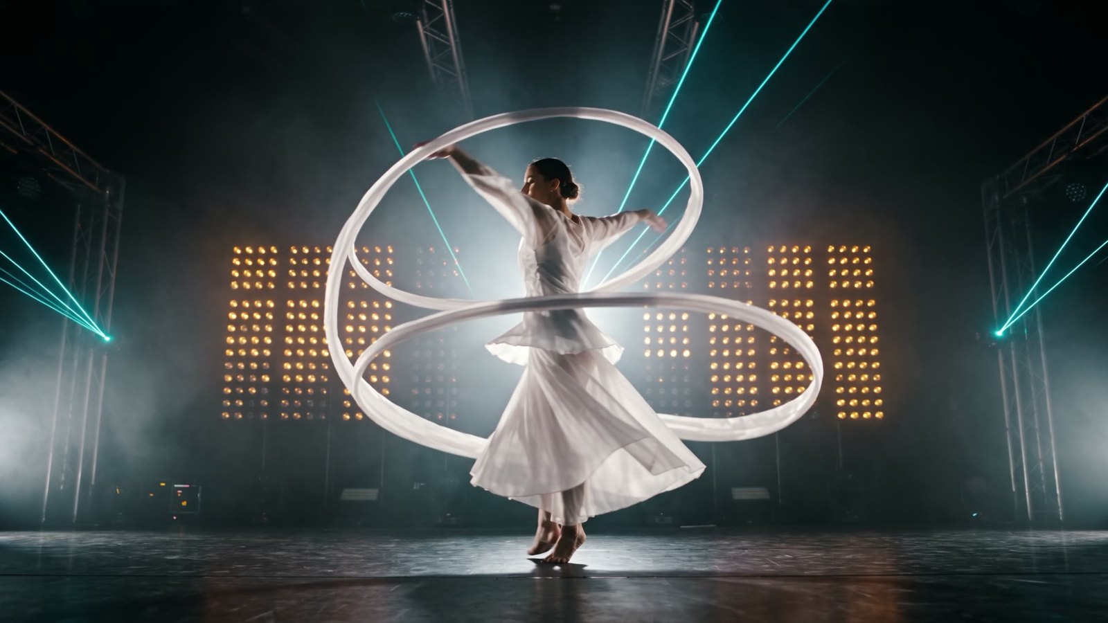 A dancer in white silk with a ribbon on a dark stage with lasers and a wall of amber bulbs