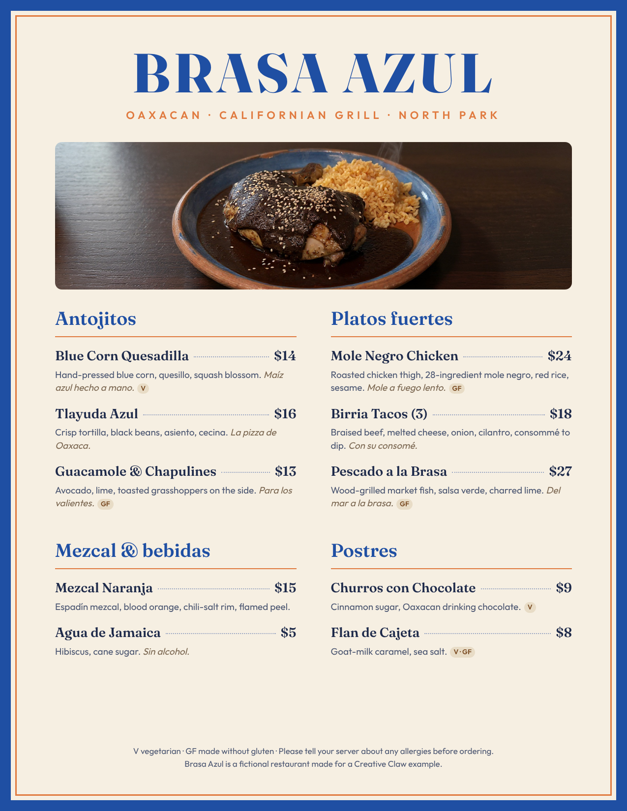 Printable Brasa Azul menu with sections Antojitos, Platos fuertes, Mezcal y bebidas and Postres, each dish with a price