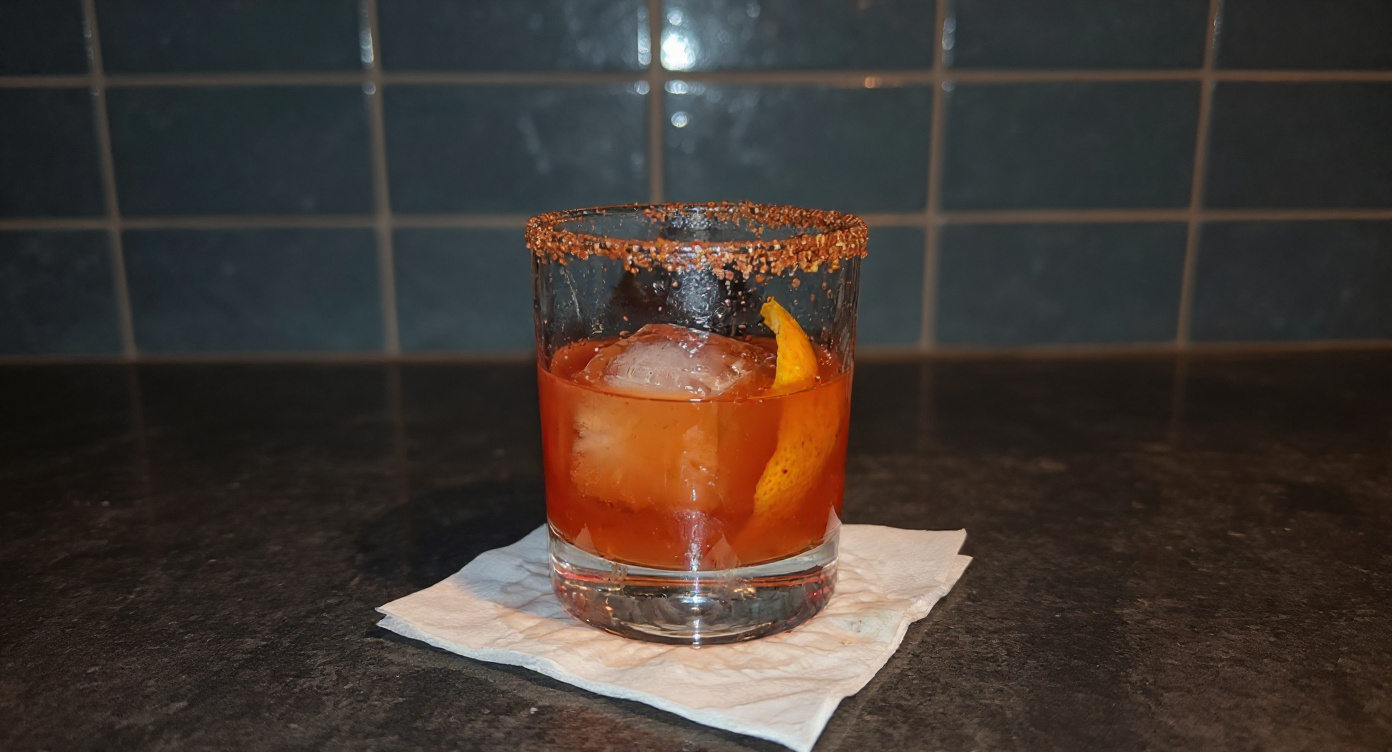 The same cocktail, ice cube and orange peel on a dark stone bar against blue tiles