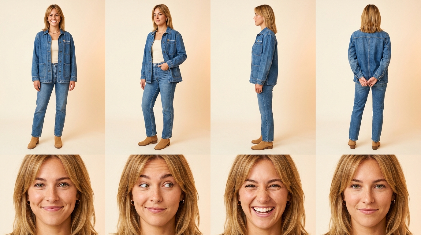 Character reference sheet with multiple angles and expressions