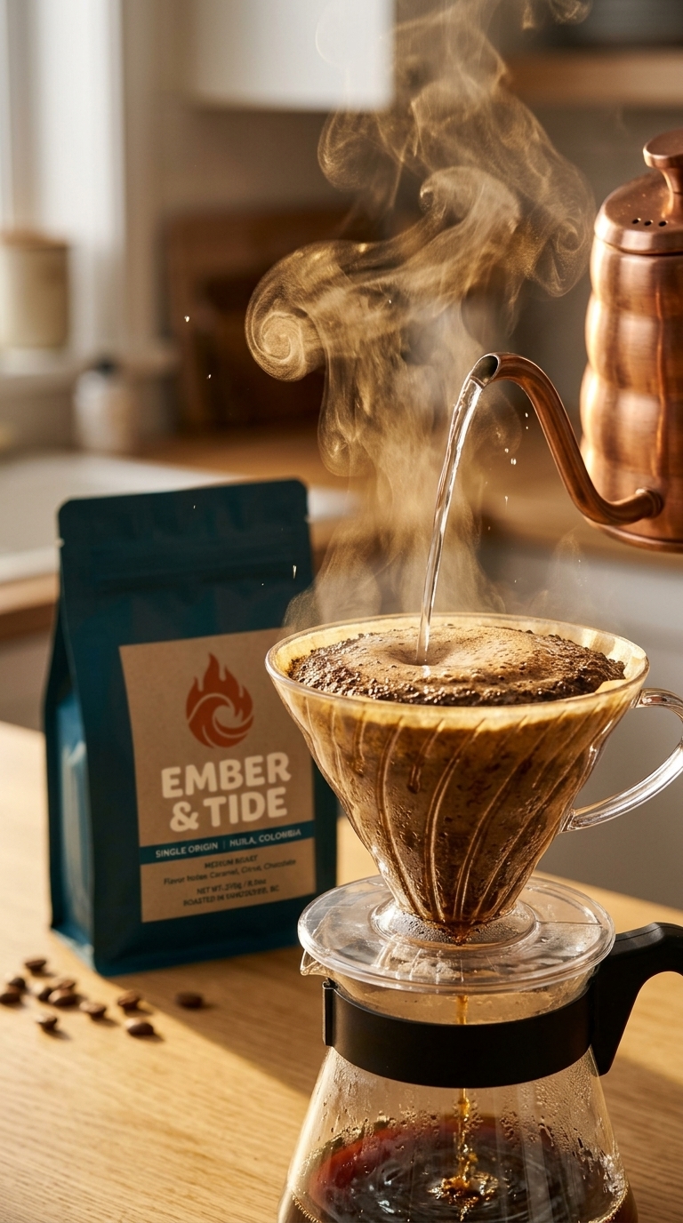 Close-up of a pour-over bloom with the coffee pouch behind