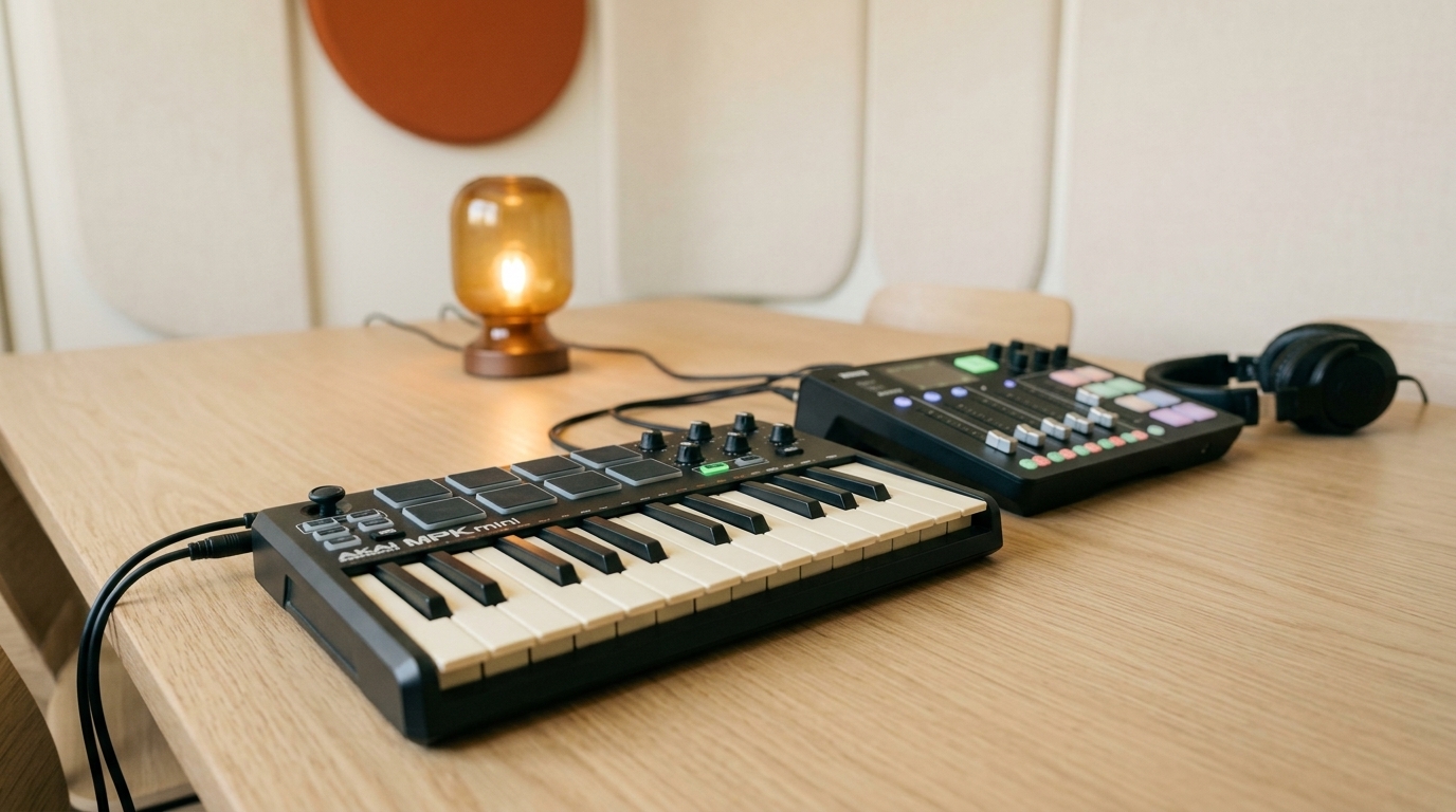 Small keyboard and mixer for the podcast music theme