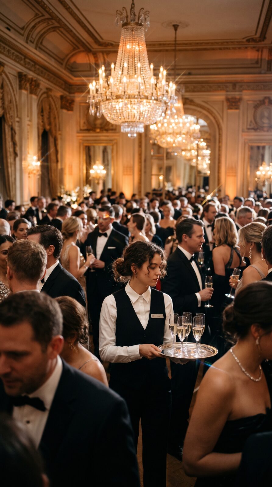 Lena carrying a tray of champagne flutes through a crowded hotel ballroom gala under chandeliers