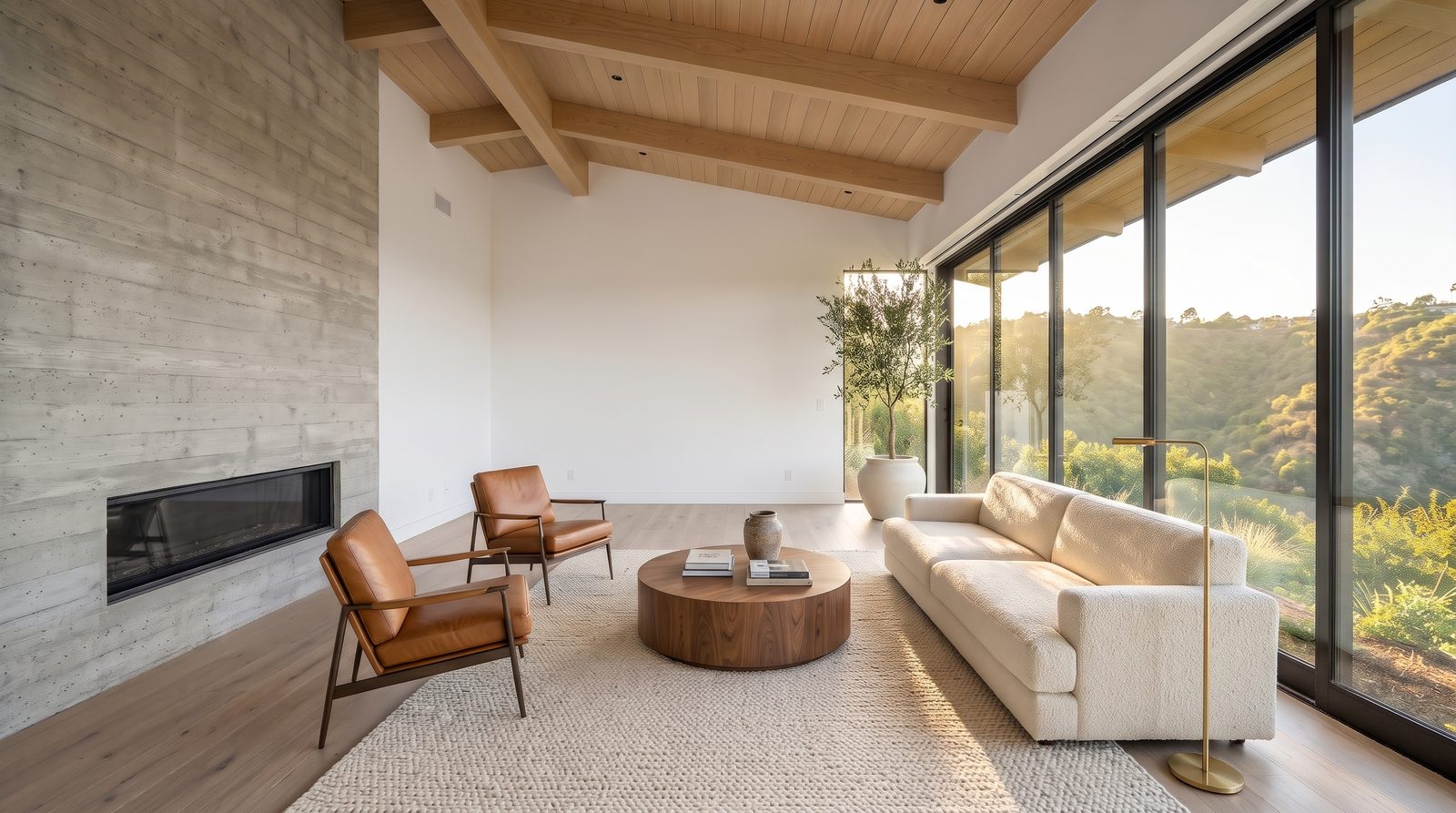 The same living room staged with a cream bouclé sofa, round walnut table, two cognac lounge chairs and an olive tree
