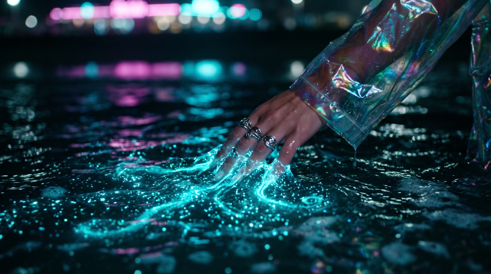 Still of a hand in glowing water