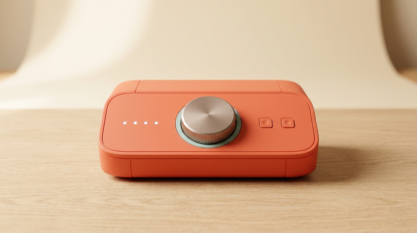 Coral-orange desktop media console with one central dial, four indicator lights and two buttons on a pale wood table