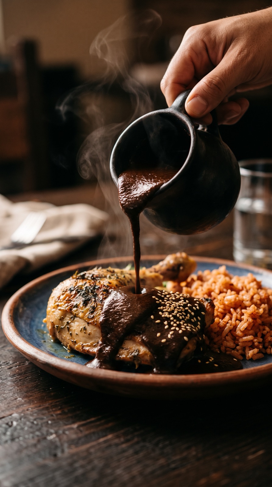 Still of mole being poured over chicken