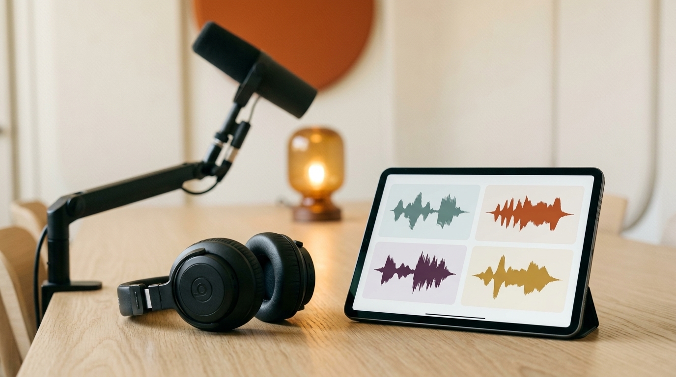 Headphones and abstract voice waveform choices