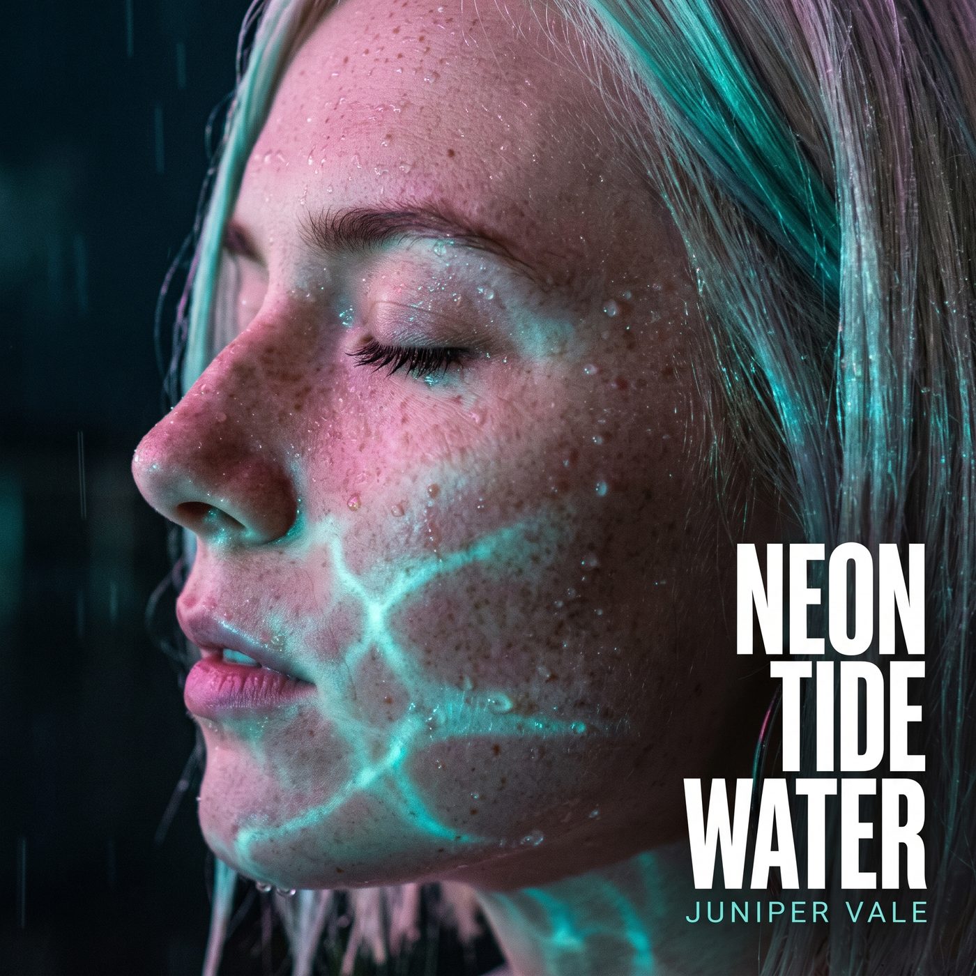 Close-up profile cover with neon water reflections on her face and the title stacked in white capitals