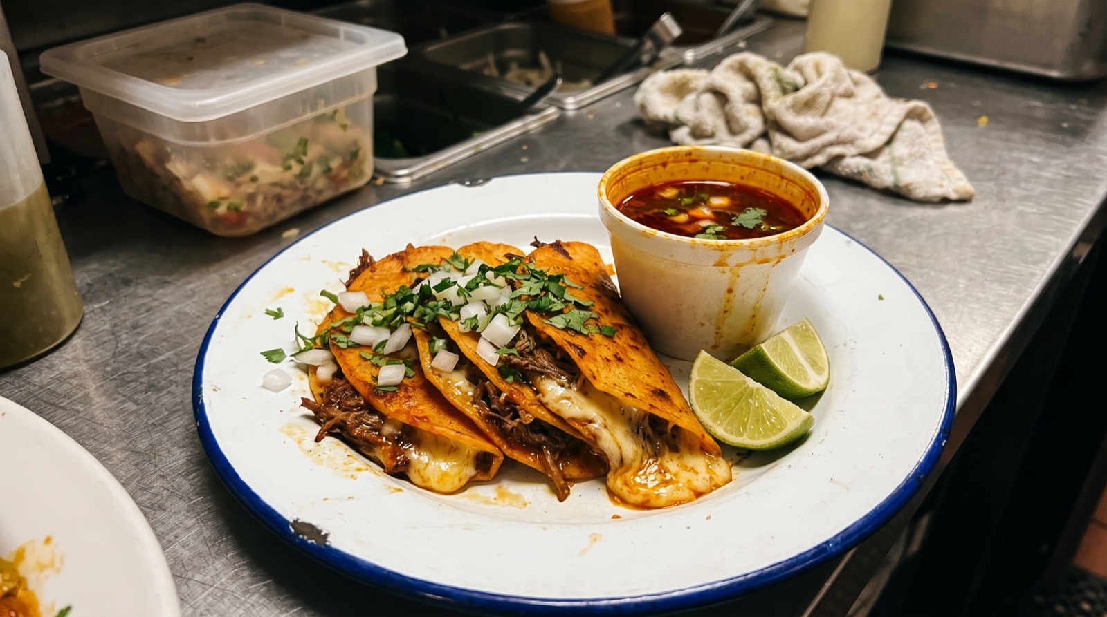 Phone photo of three birria tacos with consommé on a cluttered prep counter