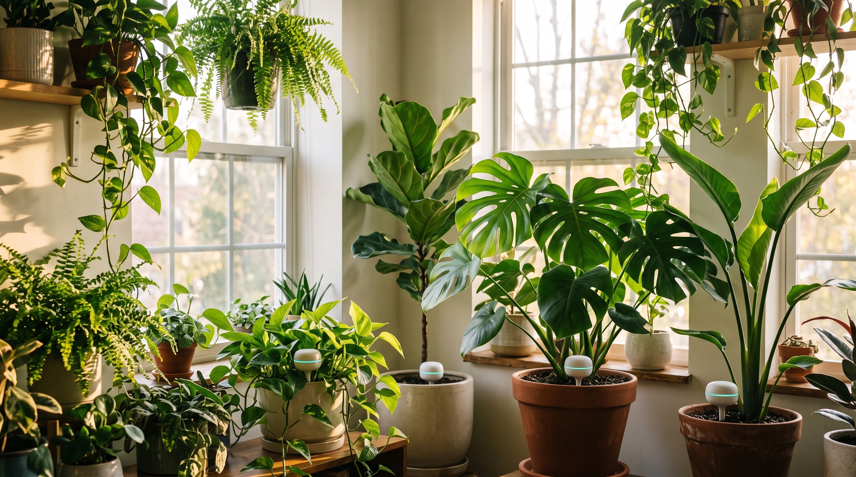 A lush indoor jungle of healthy plants with glowing sensors in the pots