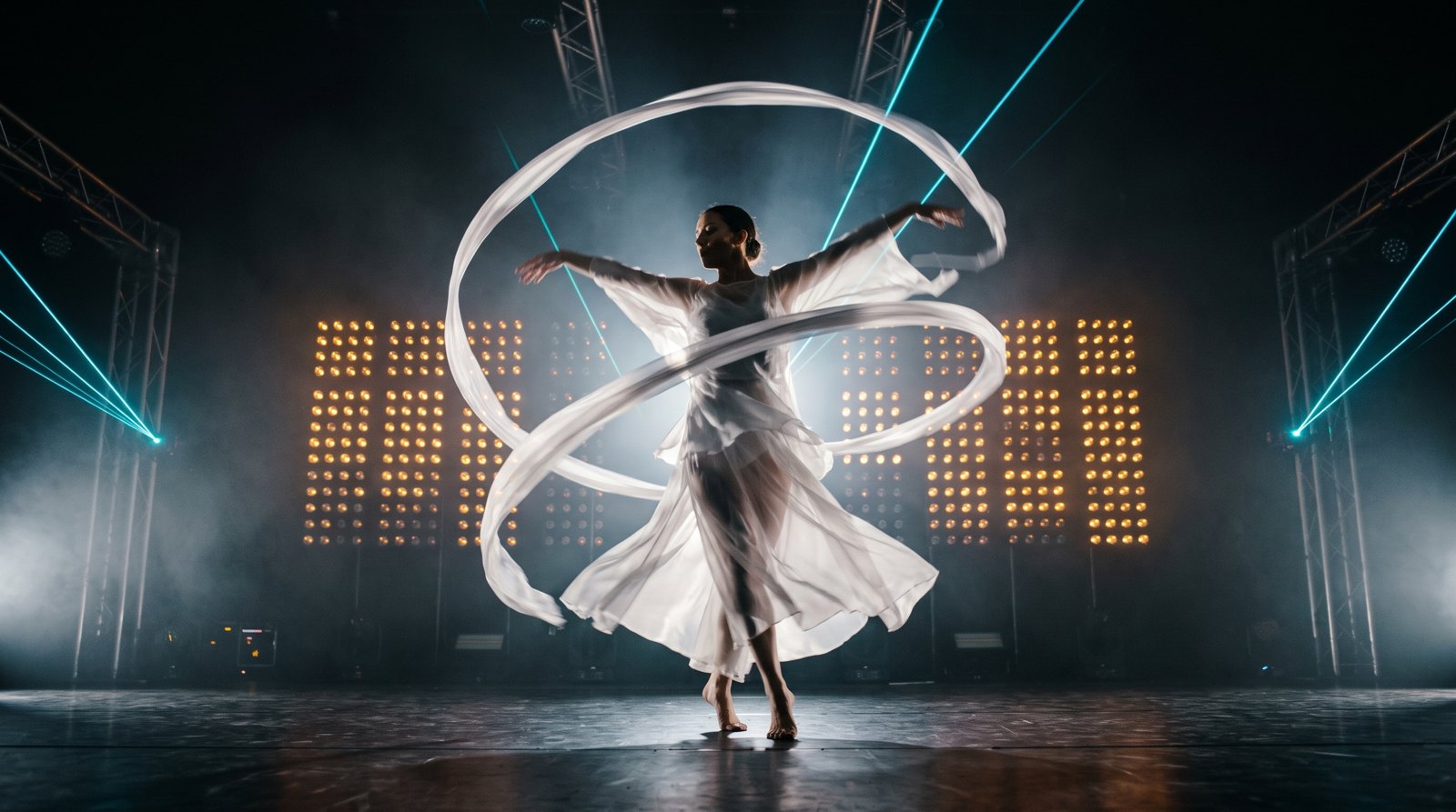 A dancer in white silk with a spiralling ribbon on a dark stage with lasers