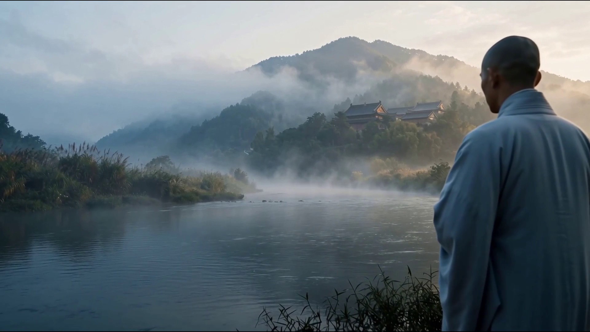 A misty river at dawn with a temple on a hill and a robed figure in the foreground, from the 24 fps source