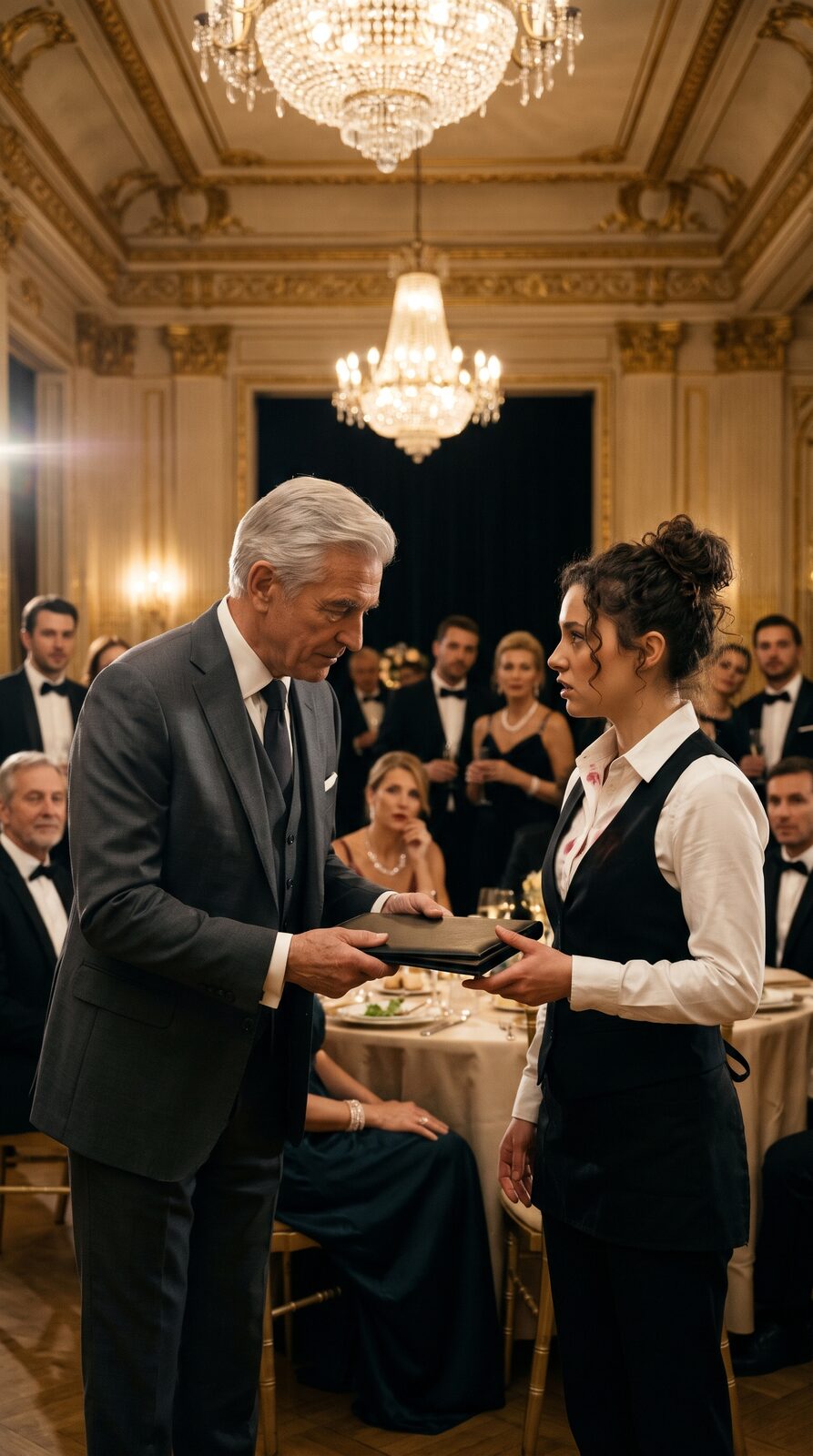 Arthur Hale holding out a black leather folder to Lena, her shirt stained with wine, guests staring
