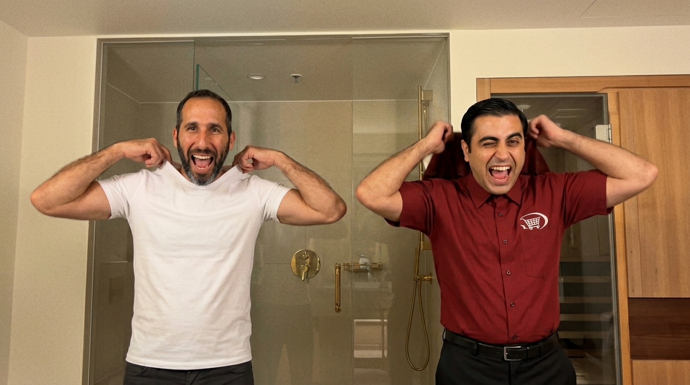 Free preview of the same frame with Itay in a white T-shirt on the left and Ramzi in a red shirt on the right