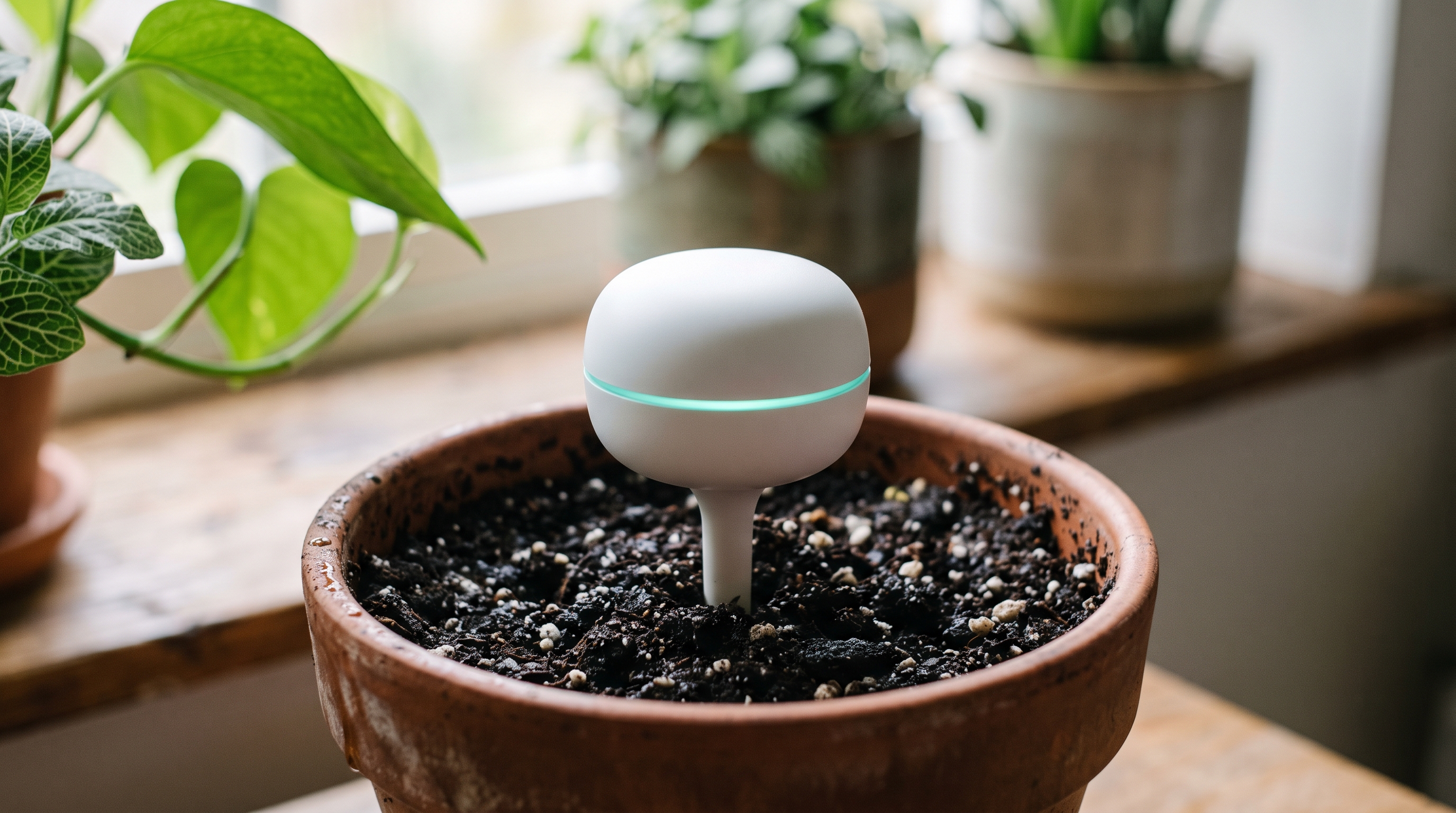 A white pebble-shaped plant sensor with a teal light ring in potting soil