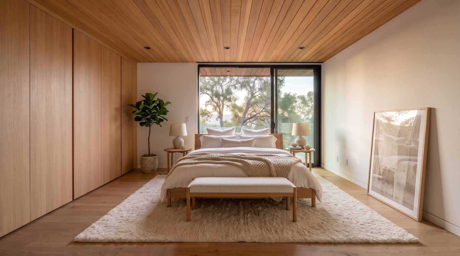 The same bedroom staged with an oak platform bed, linen bedding, nightstands with lamps, a rug and a bench