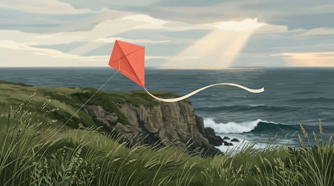 Coral-red paper kite above green coastal cliffs, tall grass and a slate-blue ocean