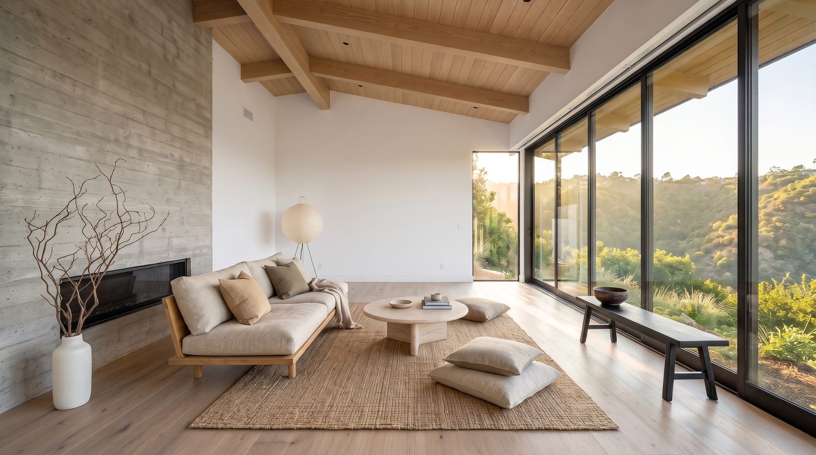 The same living room staged in Japandi style with a low oak sofa, travertine table, jute rug and paper lantern