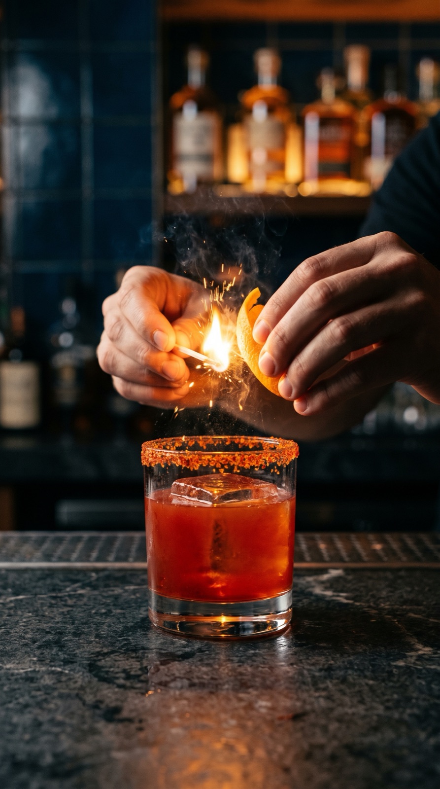 Still of a bartender holding a match and orange peel over a cocktail