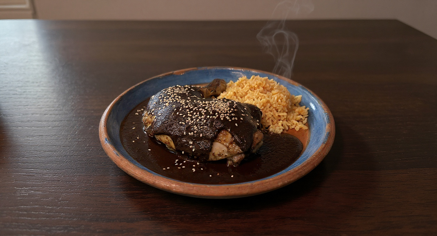 Mole negro over a chicken thigh with red rice on a blue-rimmed clay plate, on a dark wood table with steam