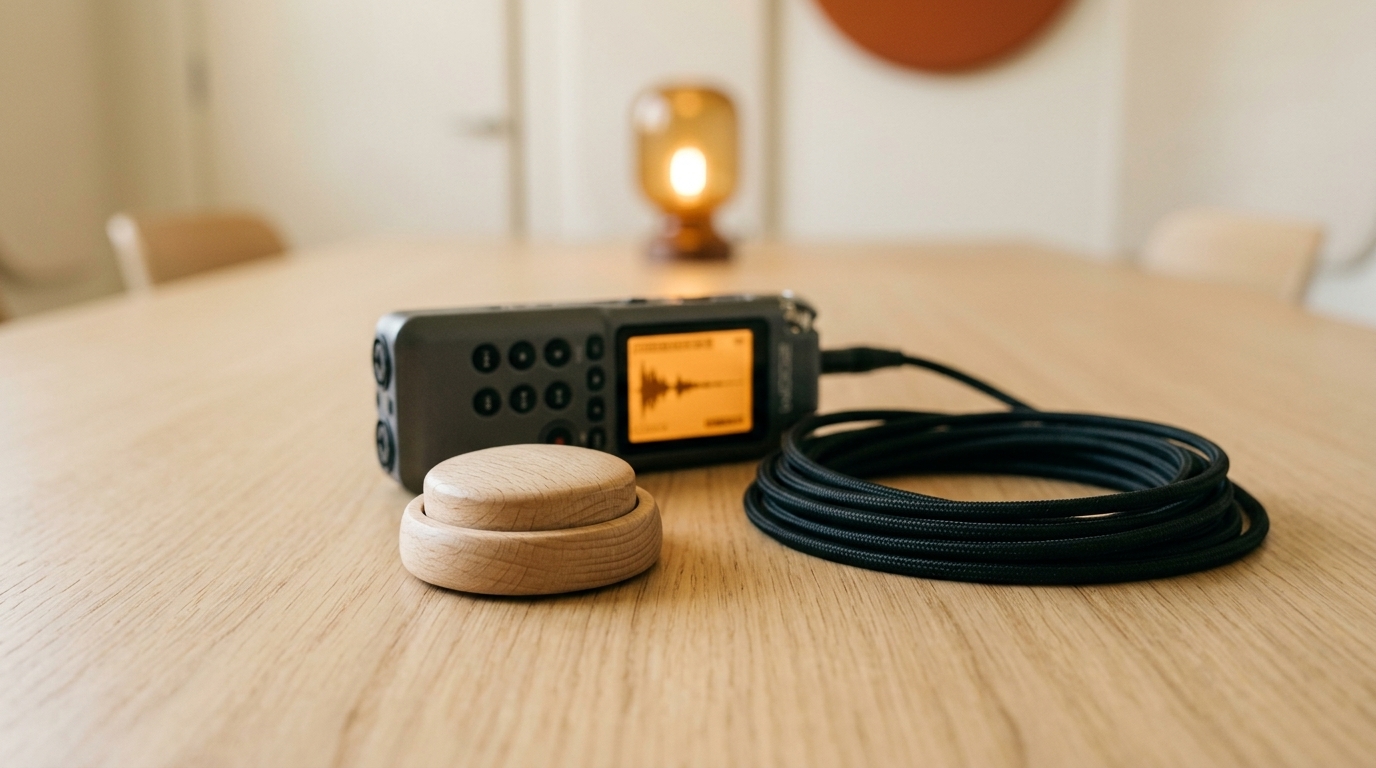 Wooden click button and field recorder for a podcast sound effect