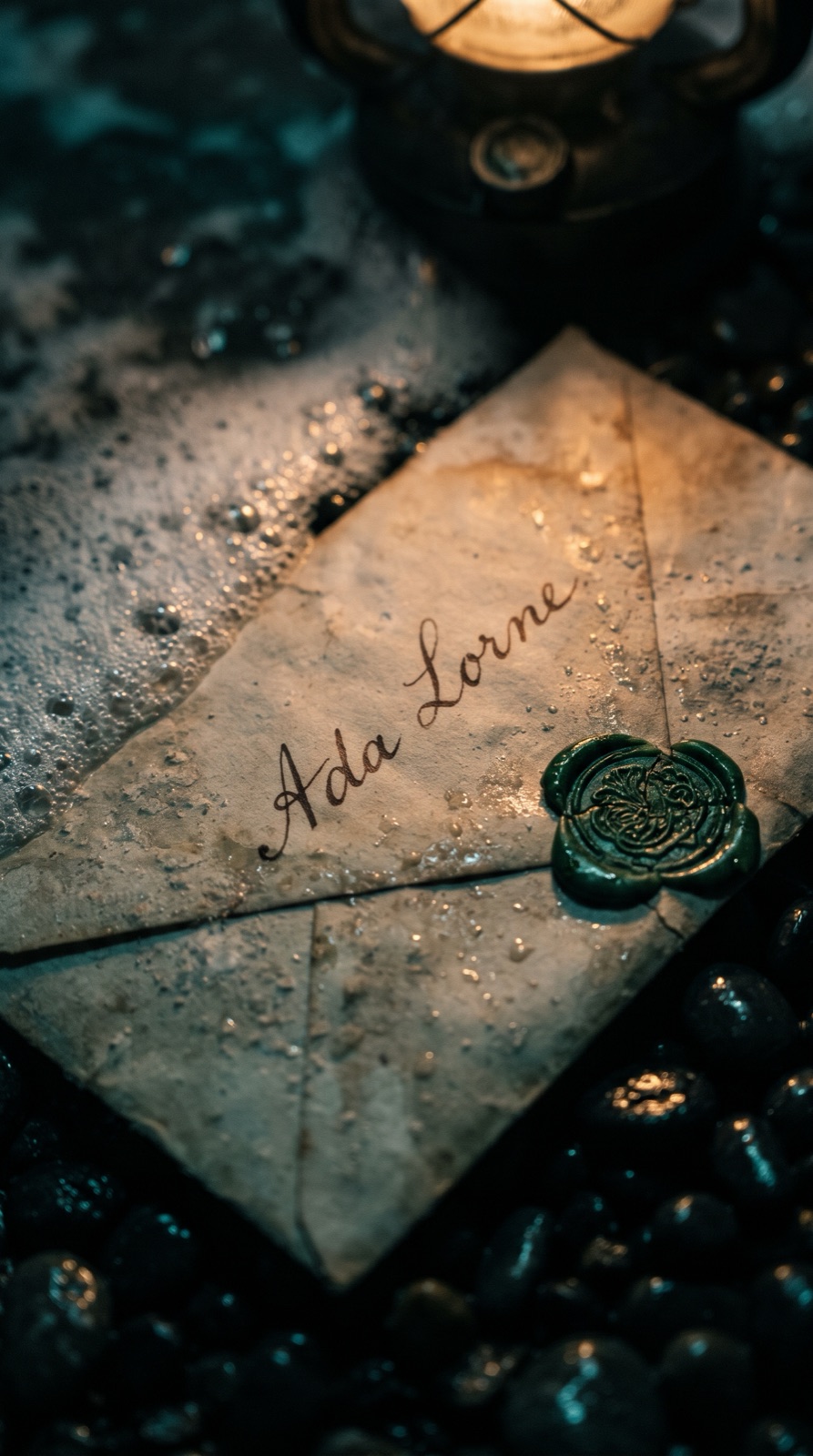 Close-up of a salt-stained envelope on wet pebbles with the name Ada Lorne handwritten on it