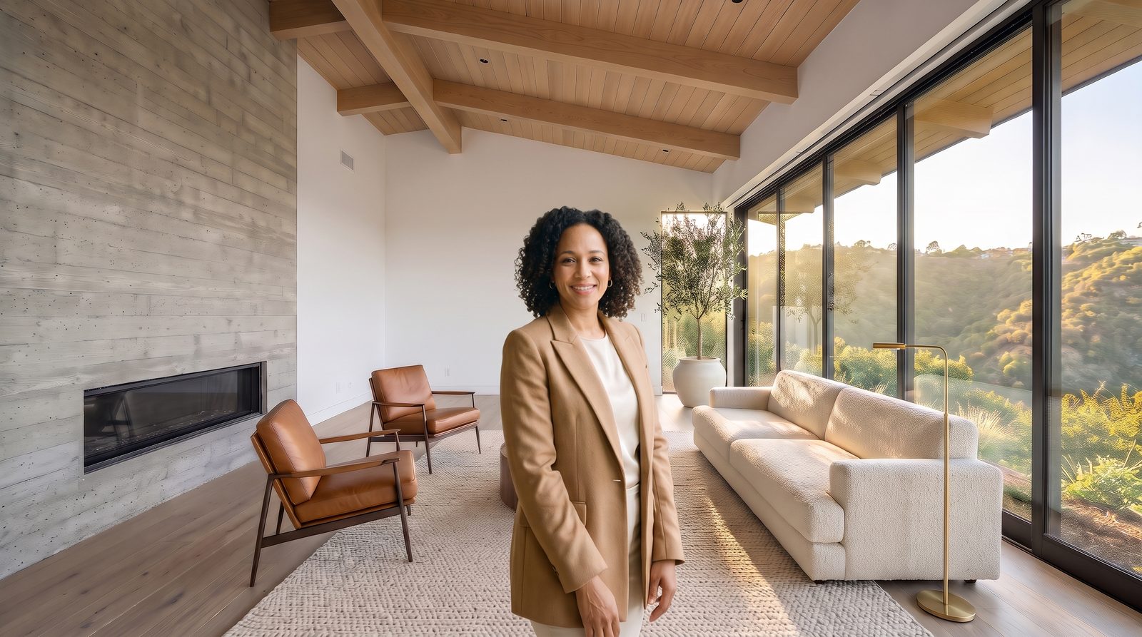 A fictional real estate agent in a camel blazer standing in the staged living room