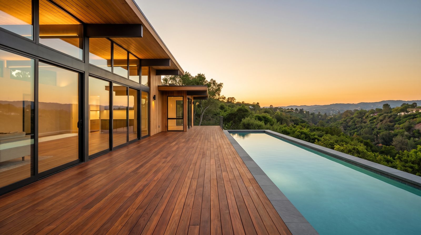 Empty ipe deck beside an infinity pool overlooking a canyon at sunset