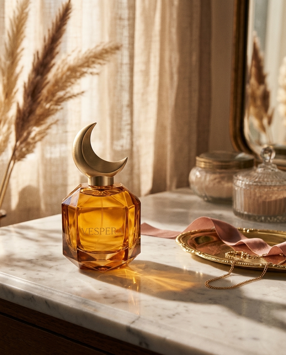 VESPERA bottle on a marble vanity at golden hour