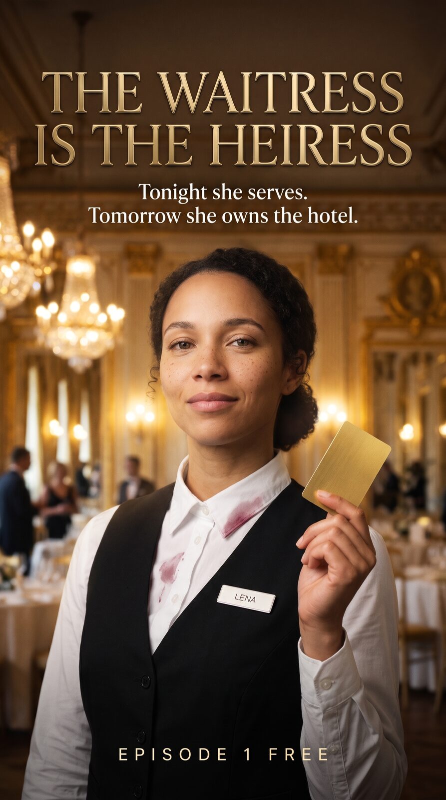 Series poster: Lena holding a gold key card under the title THE WAITRESS IS THE HEIRESS and the line Tonight she serves. Tomorrow she owns the hotel.