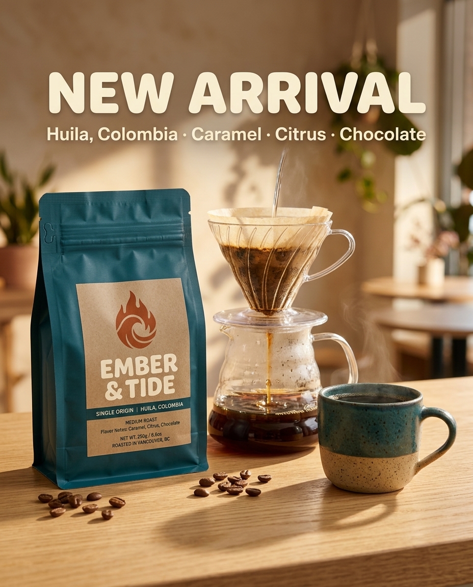 Instagram post reading New Arrival with the coffee pouch and a pour-over