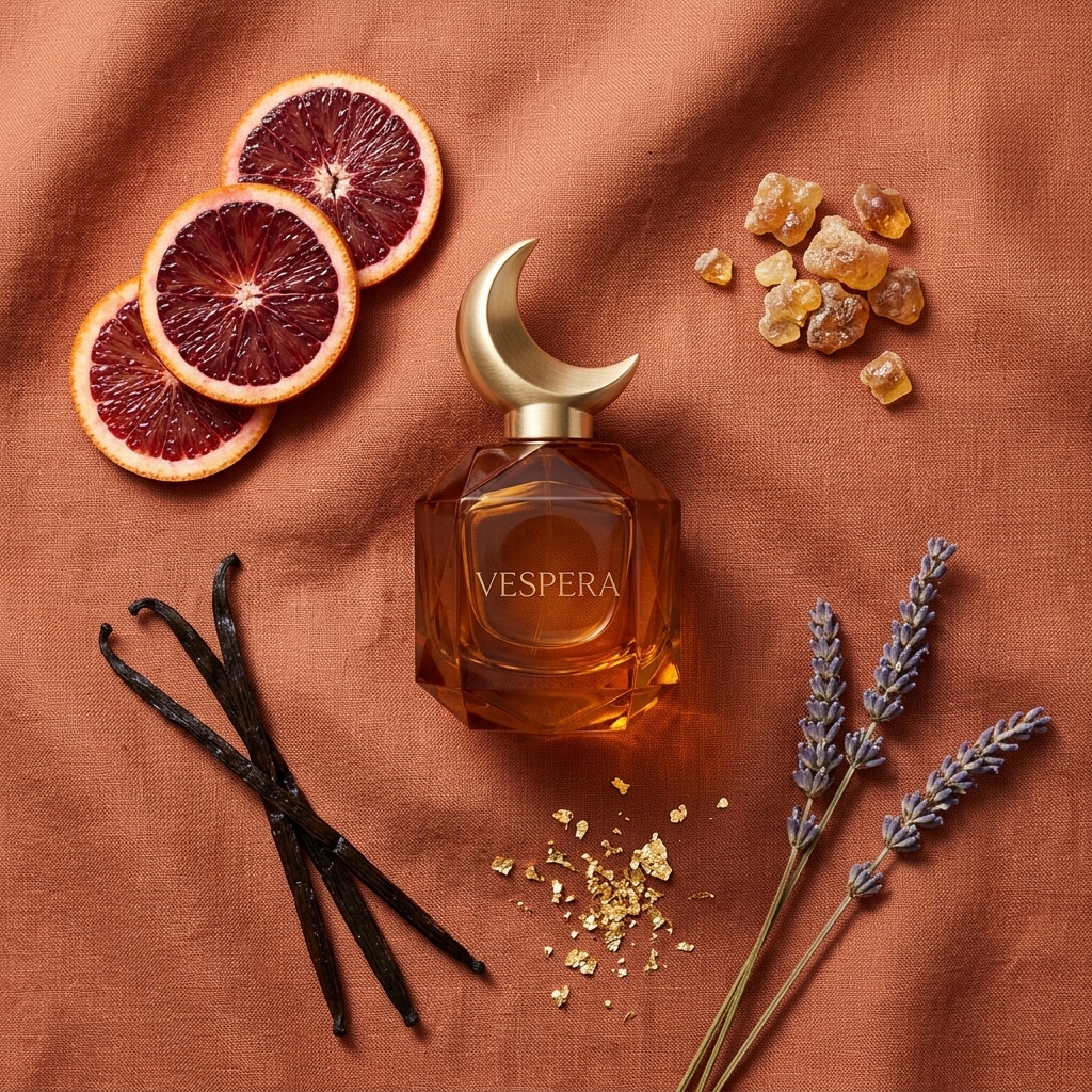 Flat lay of the VESPERA bottle with blood orange, vanilla and lavender