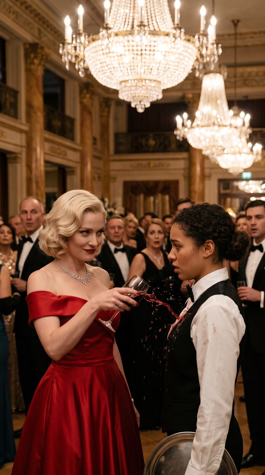 Vivian in a red satin gown spilling red wine onto Lena’s white shirt as guests watch