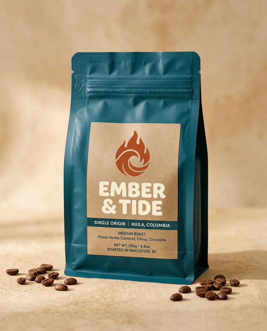 EMBER & TIDE teal coffee pouch on a sand backdrop