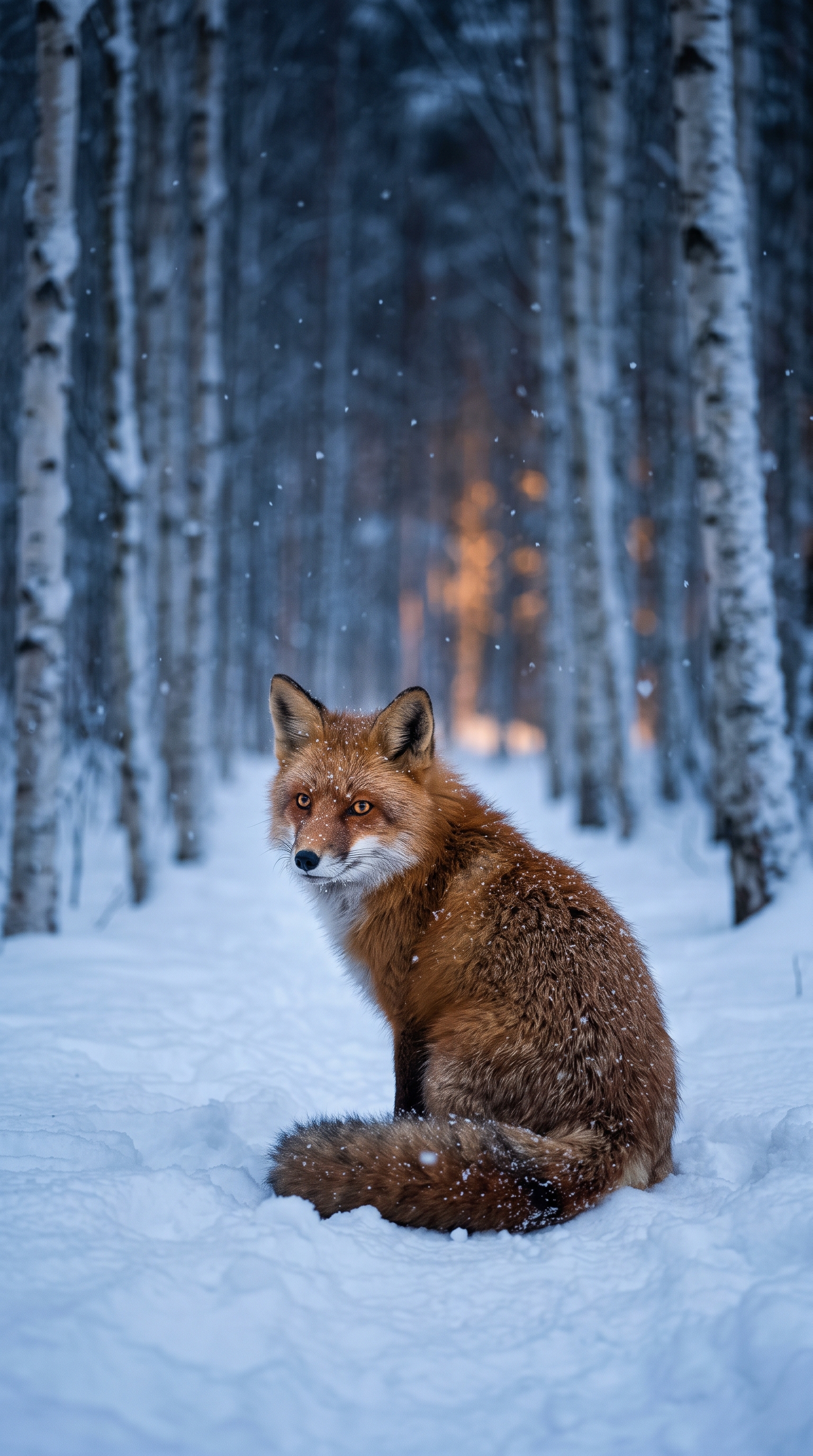 Red fox sitting in deep snow in a blue-hour birch forest with a warm glow behind the trees
