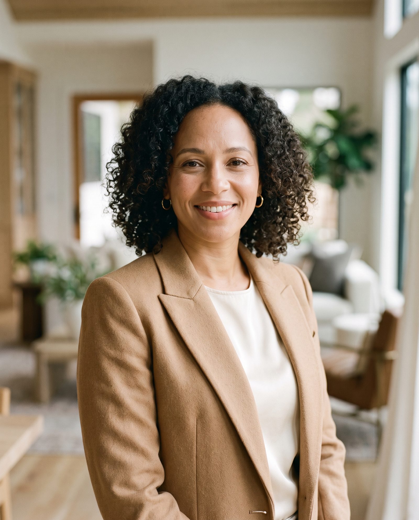 Headshot of a fictional agent with curly hair in a camel blazer