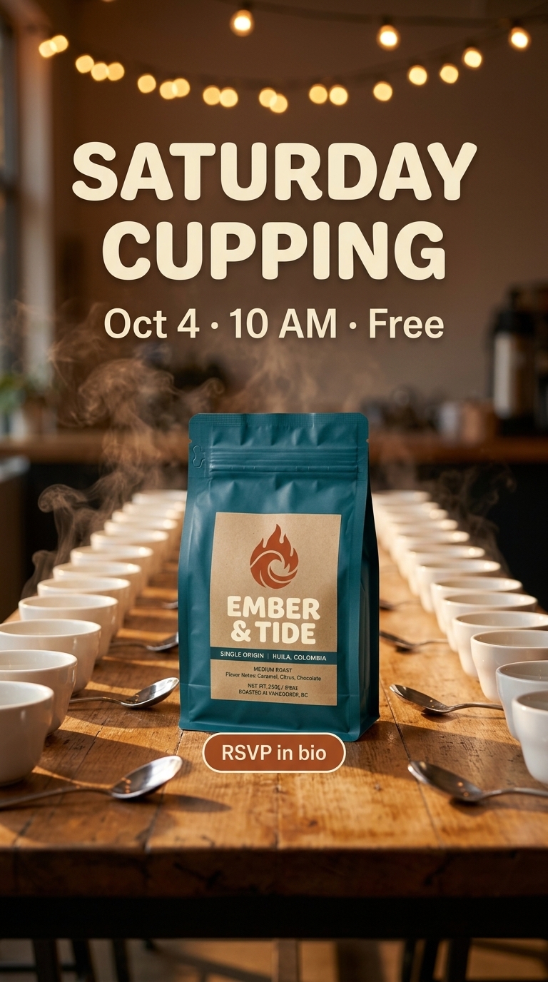 Story poster reading Saturday Cupping, Oct 4, 10 AM, Free