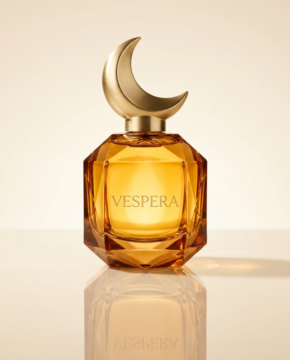 Studio packshot of the VESPERA amber perfume bottle on ivory