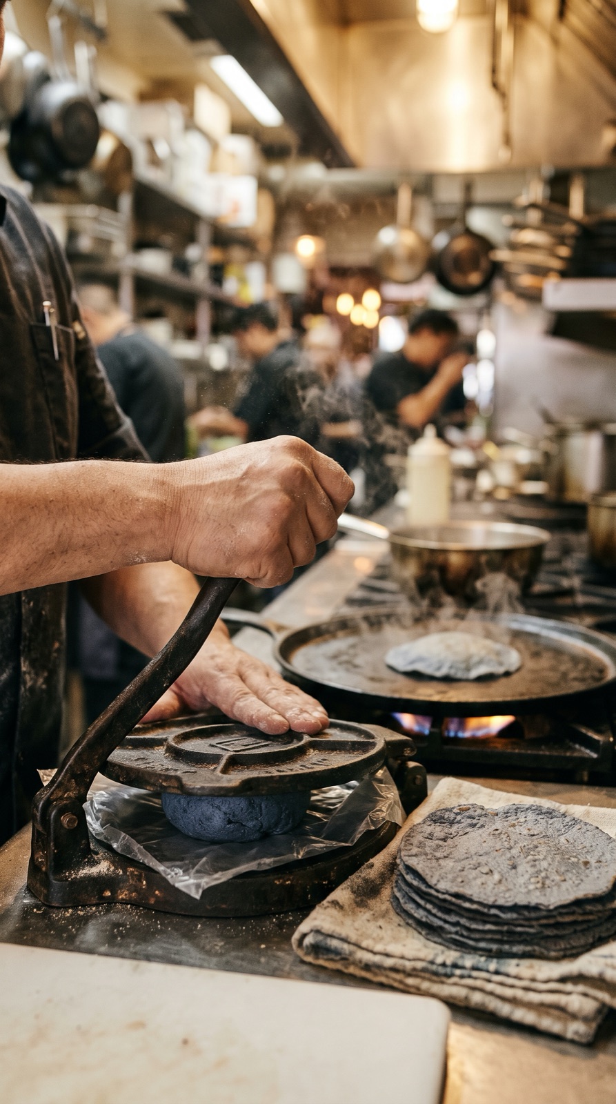 Hands pressing blue corn masa in a cast-iron tortilla press beside a hot comal