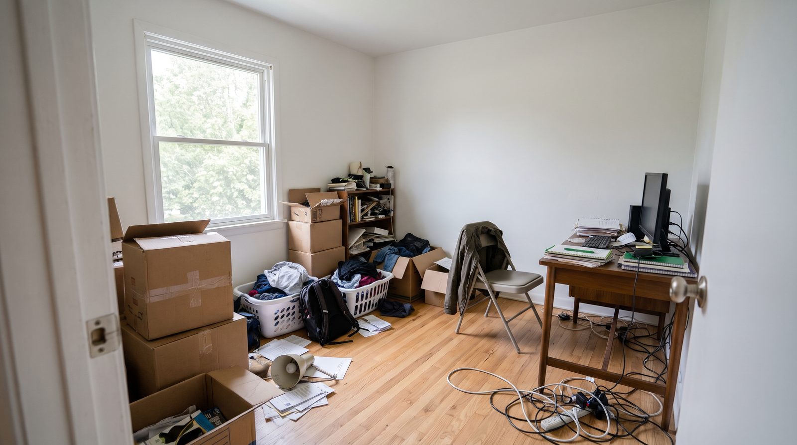 Spare room full of moving boxes, clothes, laundry baskets, cables, a desk and a folding chair