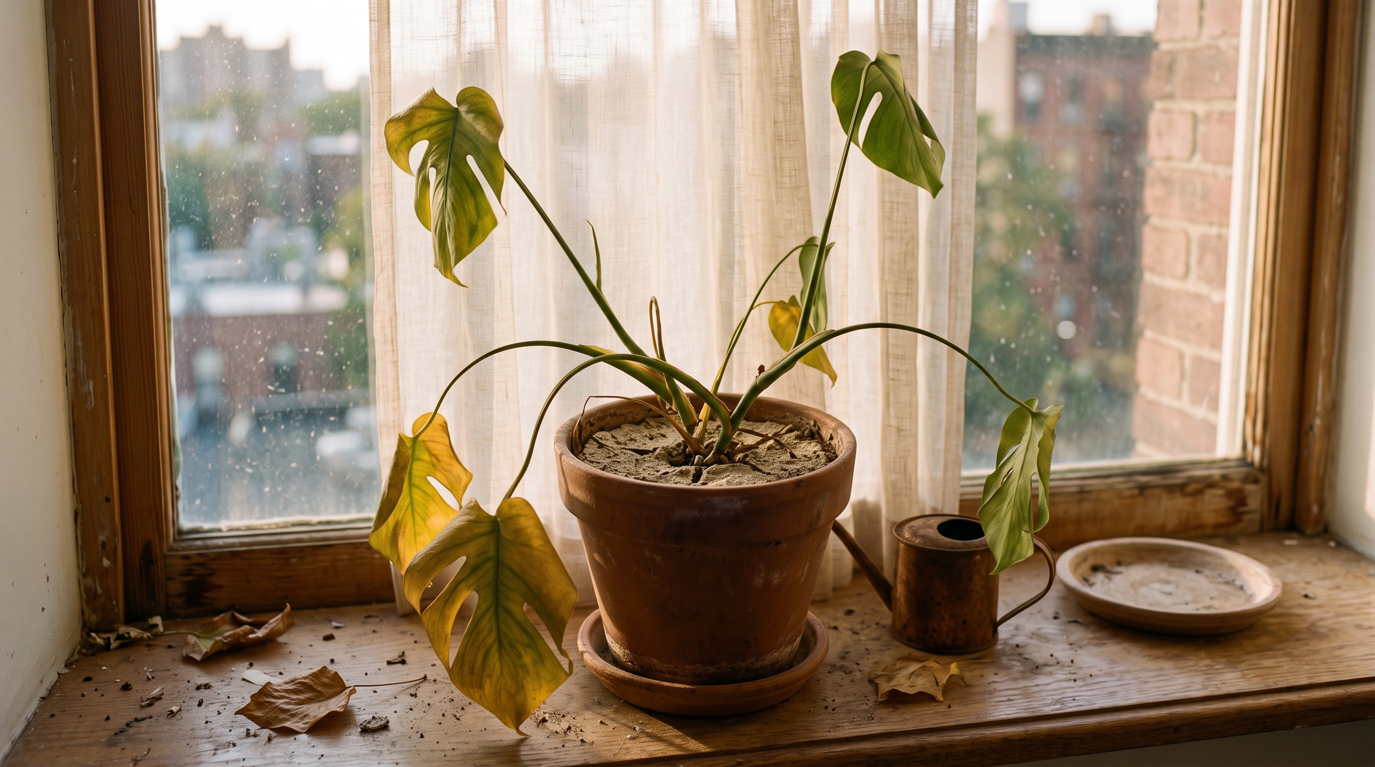 A drooping monstera with yellowing leaves on a sunny windowsill