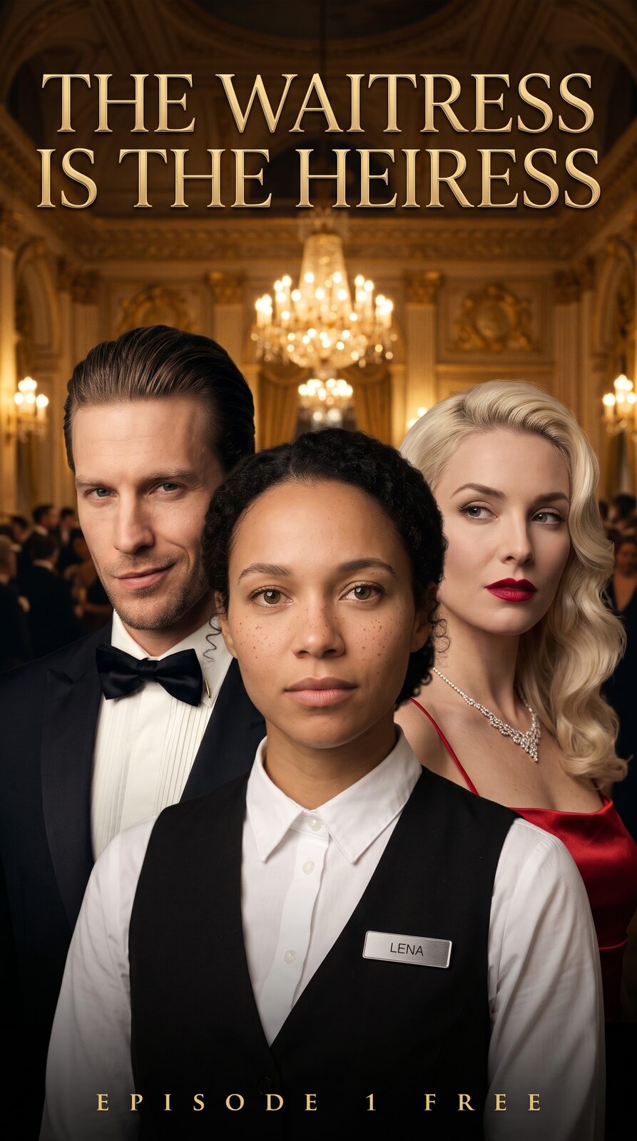 Cast poster: Lena in front with Damien and Vivian behind her under the title THE WAITRESS IS THE HEIRESS