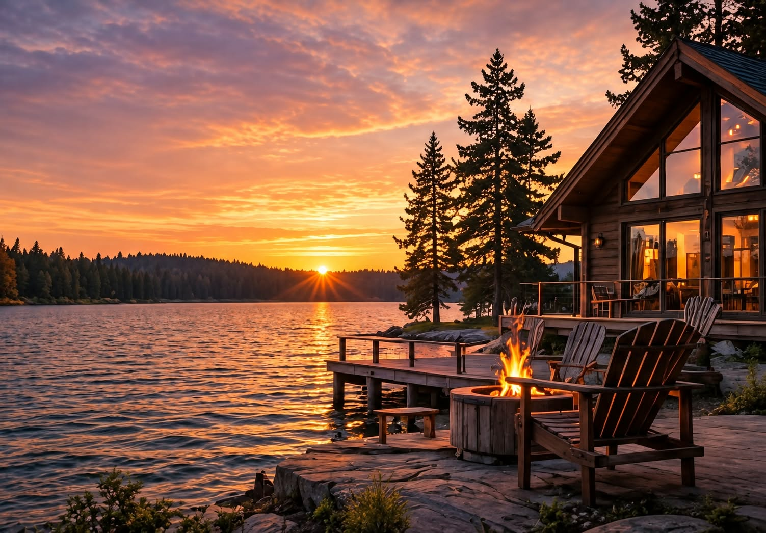 Chalet chaleureux au bord du lac au coucher du soleil