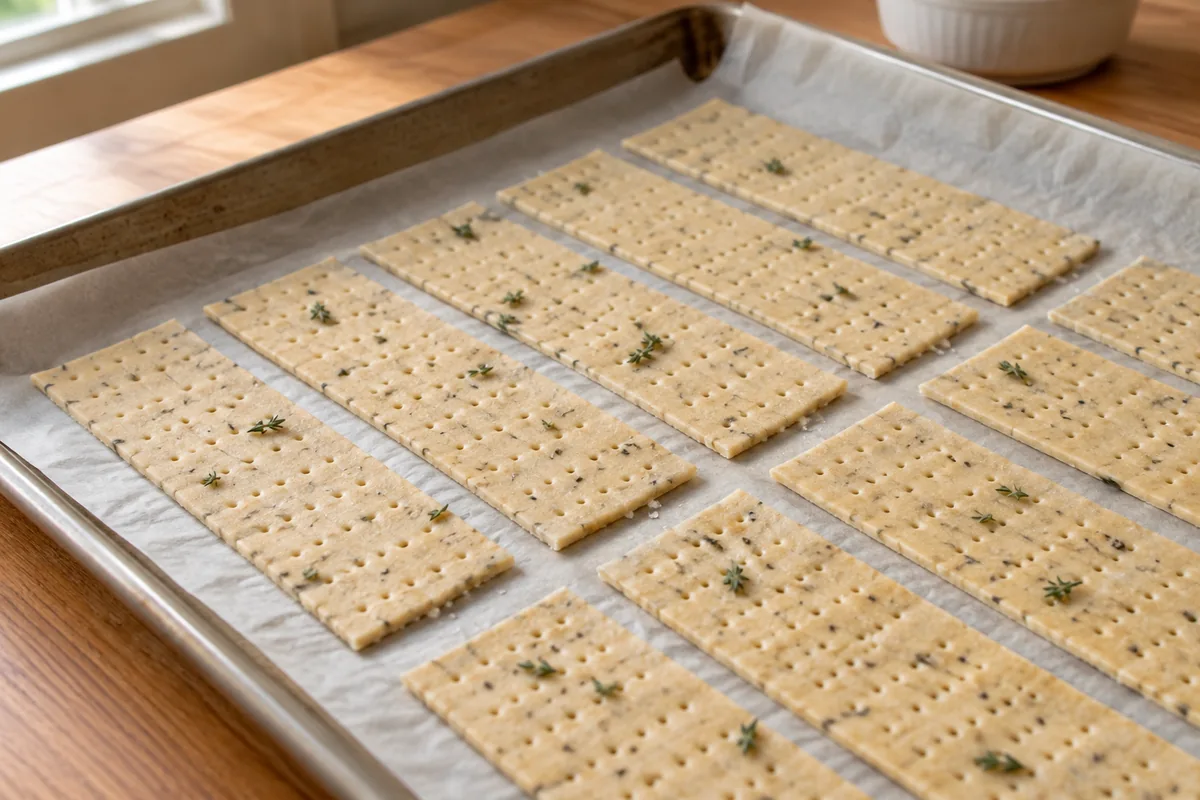 Crackers finos de setas cortados y pinchados antes del horno