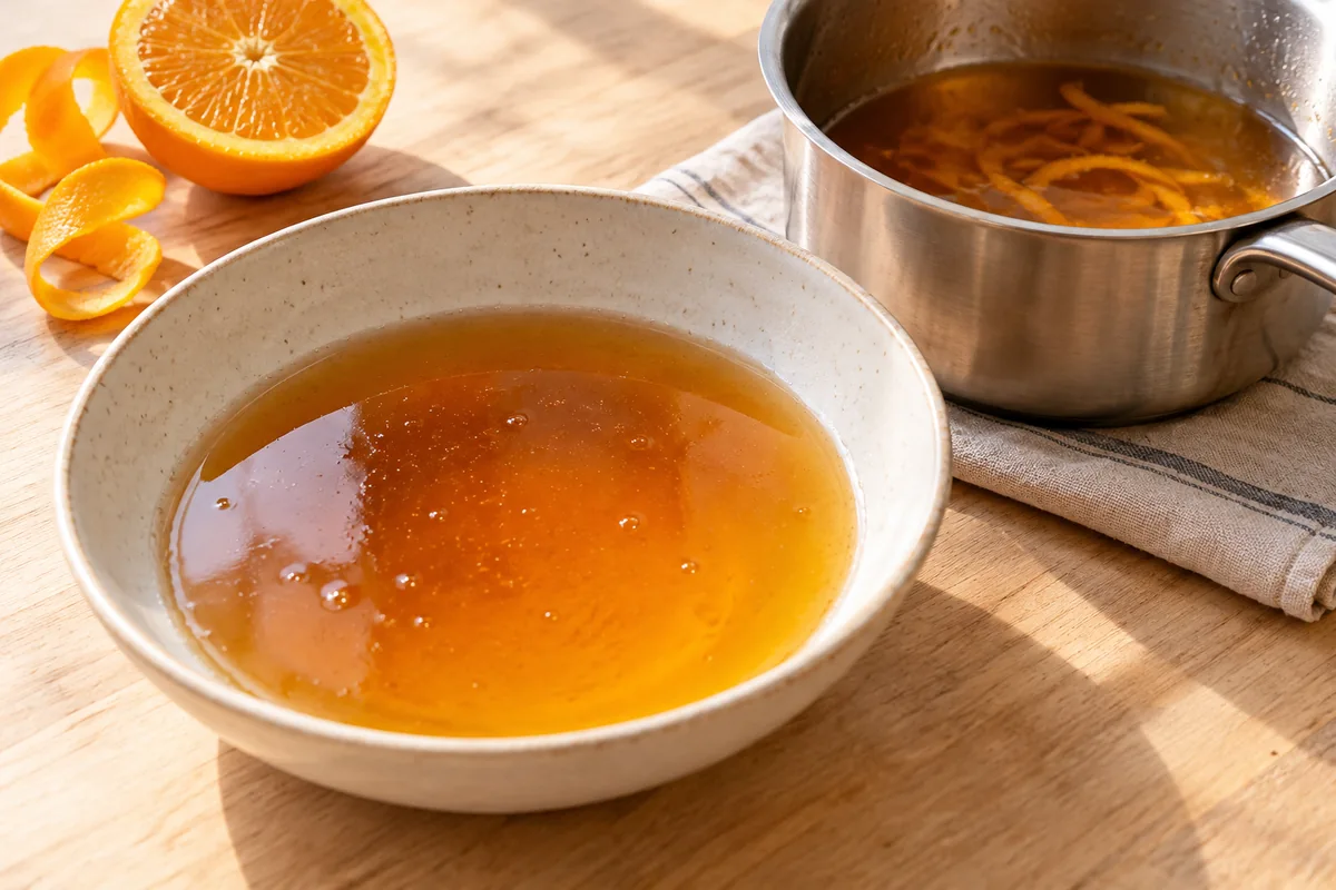 Almíbar de miel y naranja enfriándose en un recipiente ancho para Melomakarona