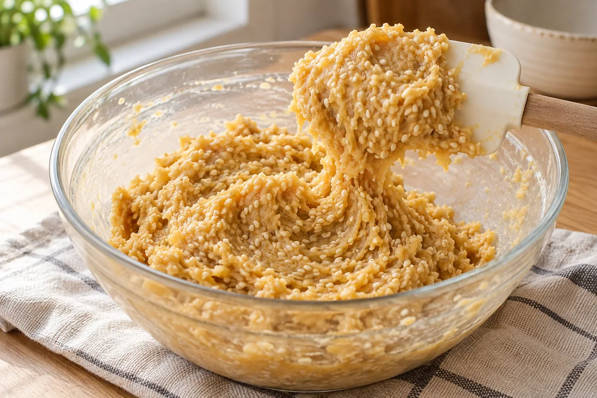 Masa dulce de arroz con semillas de sésamo incorporadas